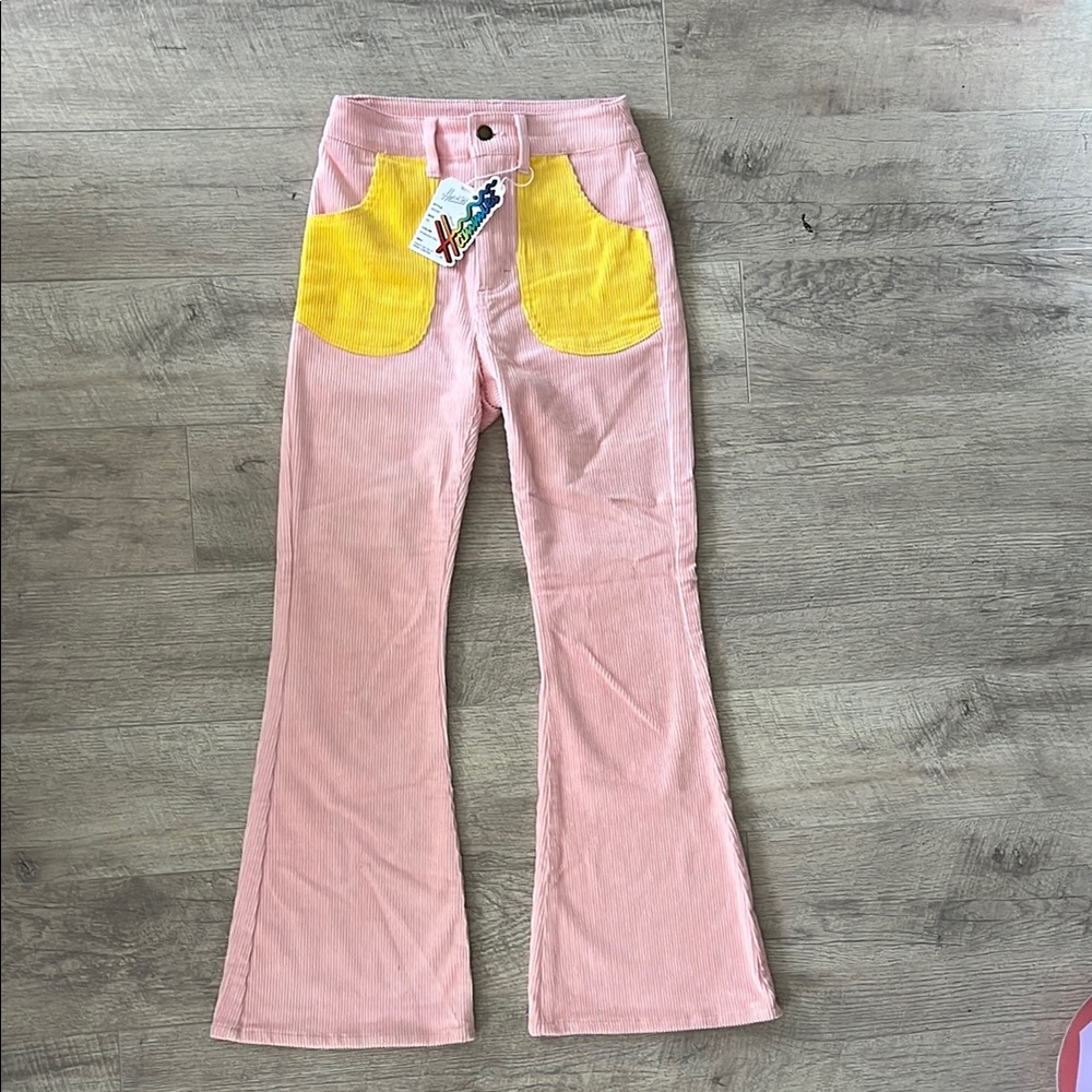 HAMMIES Pink and Yellow Flare & Wide Leg corduroy jeans have a Retro Vibe